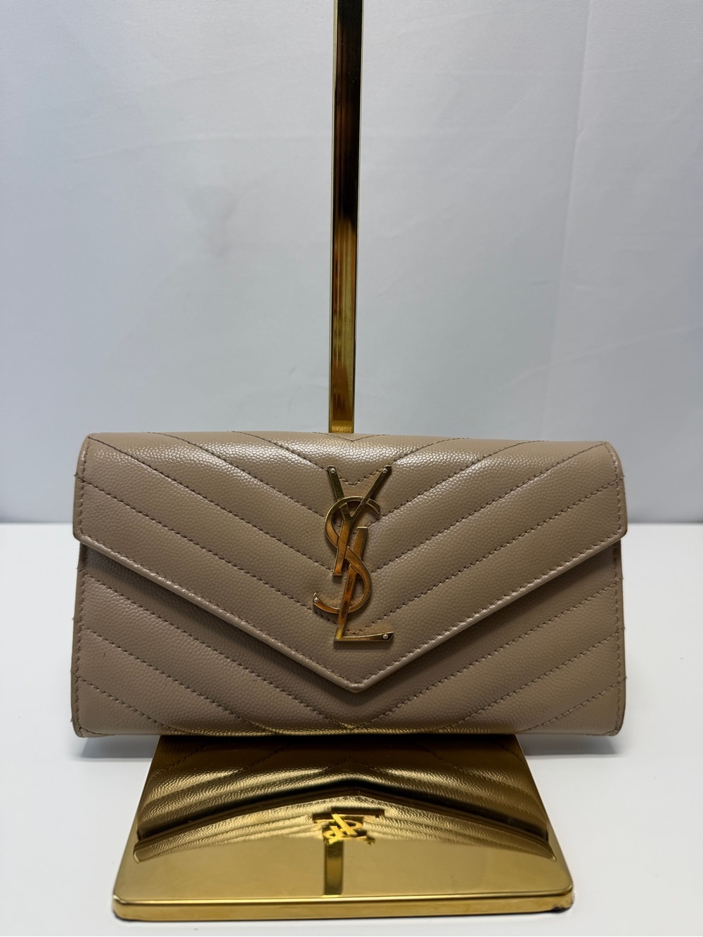 Saint Laurent Taupe Chevron Envelope Wallet with Gold YSL